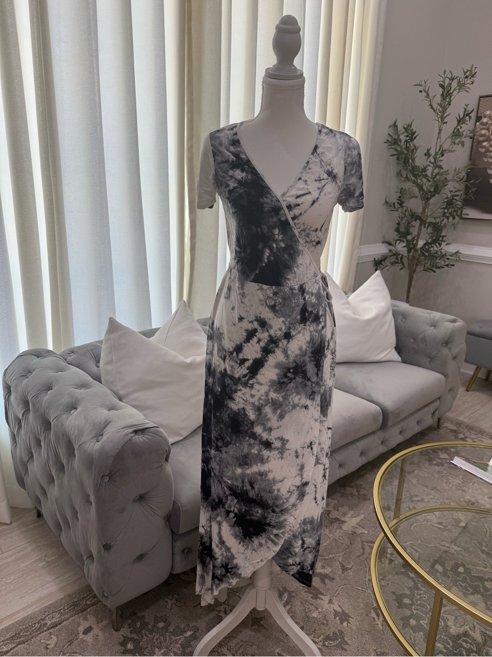 Bear Dance Black & White Tie-Dye Midi Wrap Dress